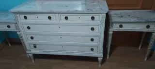 Cómoda, Mesillas, Espejo, banco vintage.