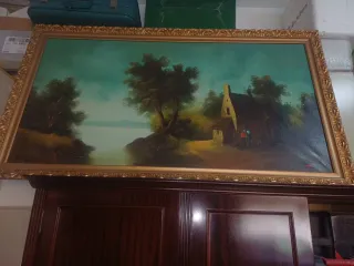 Cuadro antiguo paisaje con casa y lago