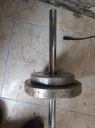 Barra de pesas con discos de 10kg, y 5kg cada lado