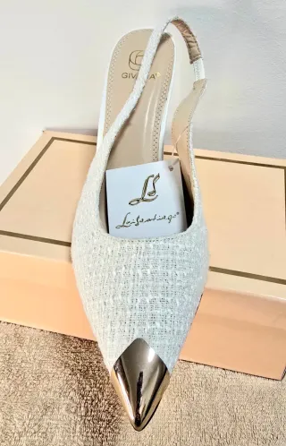 Scarpe eleganti donna tacco oro e bianco