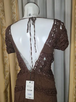 Vestido Zara Marrón Crochet Largo