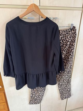 Conjunto Zara: Blusa Negra y Pantalón Estampado