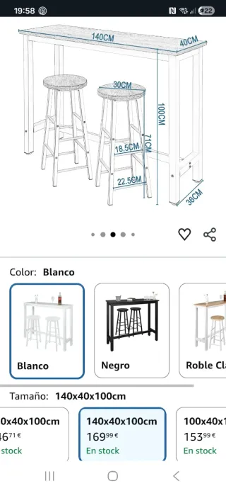 Barra de cocina blanca 140x40 cm y 2 taburetes