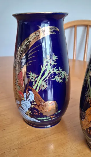 Juego de 2 jarrones de porcelana azul y oro