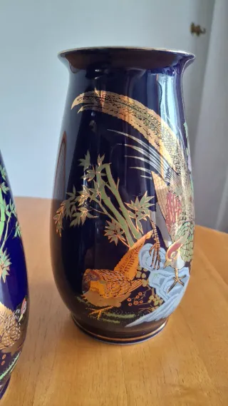 Juego de 2 jarrones de porcelana azul y oro