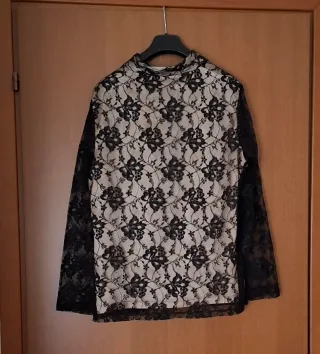 Camicia donna pizzo nero beige taglia 44/46