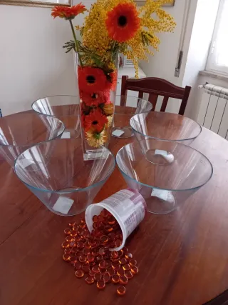 6 Ciotole Vetro + Perle Ambra per Centrotavola