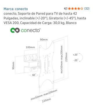 Soporte Pared TV/Monitor Conecto 42 Giratorio