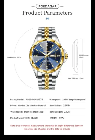 Reloj Poedagar Hombre Azul y Dorado