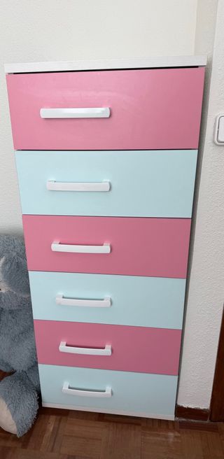 Cómoda infantil 6 cajones rosa y azul