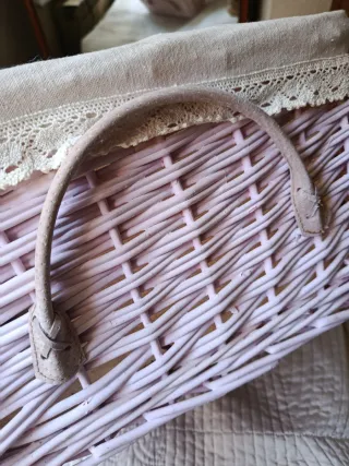 Cestas mimbre y tela rosa/beige