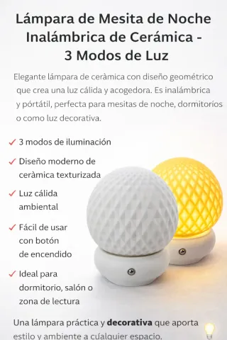 Lámpara Mesita Noche Cerámica 3 Modos Luz