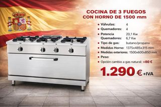 Cocina de gas 3 fuegos con horno 1500 mm