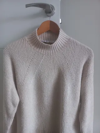 Jersey punto cuello alto beige/blanco mujer TallaL
