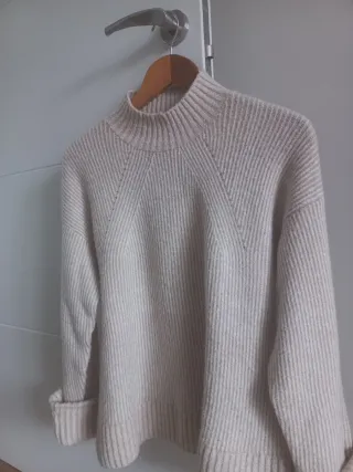 Jersey punto cuello alto beige/blanco mujer TallaL