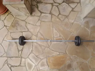 Banco de pesas, barra y mancuernas