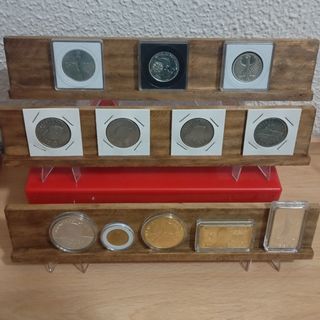 EXPOSITOR MADERA PARA MONEDAS DE 30CM + SOPORTES