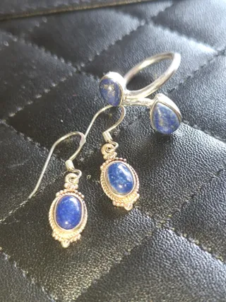 Conjunto Plata 925 Anillo y Pendientes Lapislázuli
