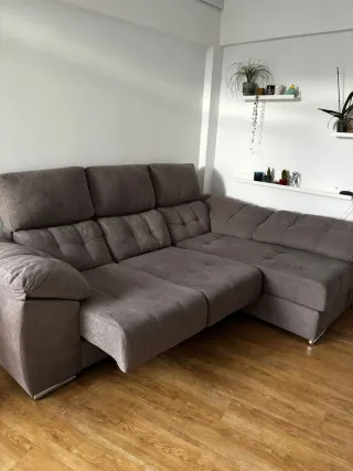 Sofá chaise longue gris, marrón tela