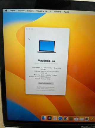 MacBook Pro 13” 2017 8GB RAM 128GB Plata