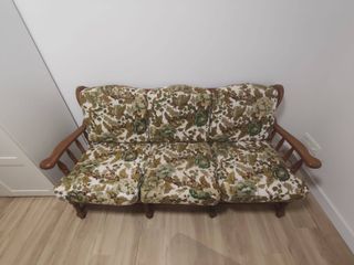 Divano Vintage in Legno e Tessuto (1 divano, 2 poltrone)
