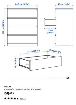 IKEA MALM cómoda 4 cajones blanca