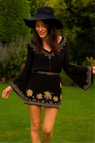Free People Vestido Boho Negro Bordado T. S