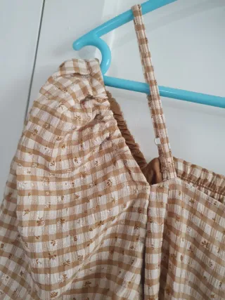 Vestido midi estampado cuadros beige