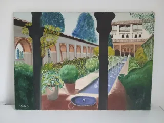 Cuadro paisaje jardín con fuente