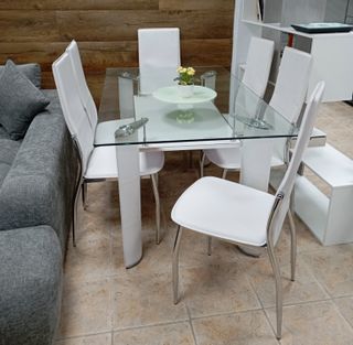Mesa Comedor Cristal Blanca + 6 Sillas. EN OFERTA!