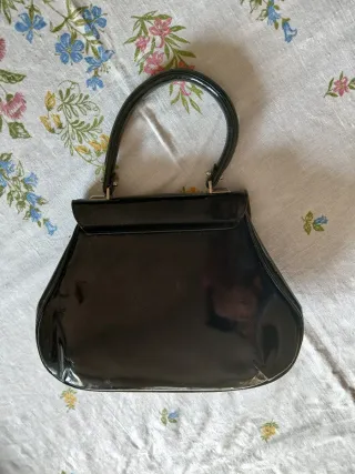 Borsa Vintage Pelle Nera Lucida Anni 60 Artigianal