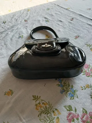 Borsa Vintage Pelle Nera Lucida Anni 60 Artigianal