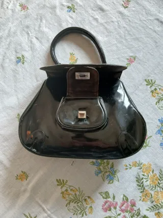 Borsa Vintage Pelle Nera Lucida Anni 60 Artigianal