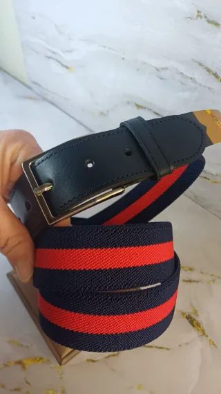 Cinturón Piel y Tejido Rayas Azul/Rojo