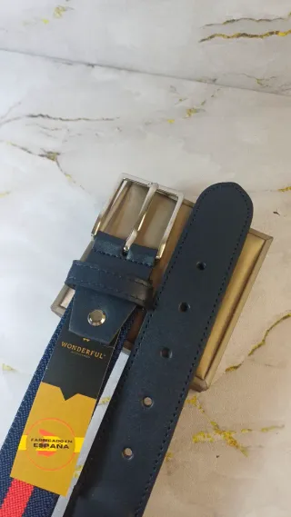 Cinturón Piel y Tejido Rayas Azul/Rojo