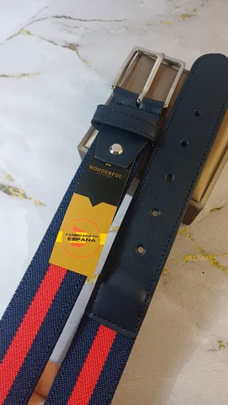 Cinturón Piel y Tejido Rayas Azul/Rojo