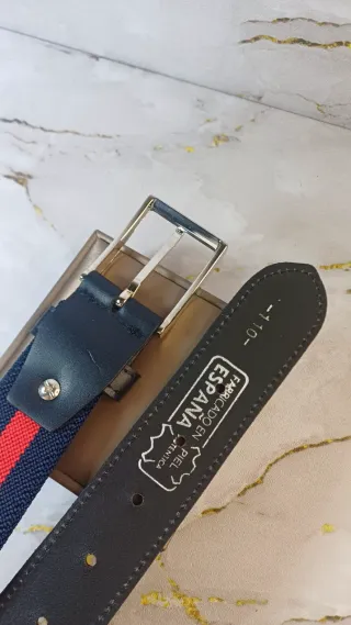 Cinturón Piel y Tejido Rayas Azul/Rojo