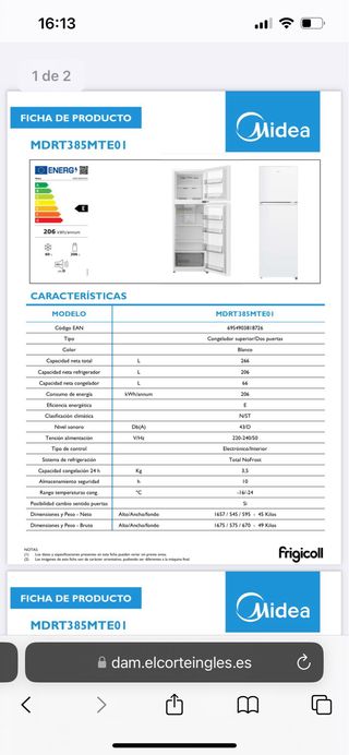 Frigorífico 2 puertas Midea No Frost MDRT3 85MTE01