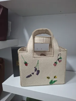 Bolso Tote Rafia Bordado Flores