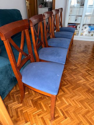 5 Sillas de Comedor Madera y Tela Azul