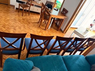 5 Sillas de Comedor Madera y Tela Azul