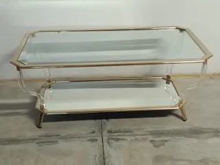 Mesa centro cristal, espejo y metal dorado