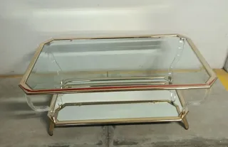 Mesa centro cristal, espejo y metal dorado