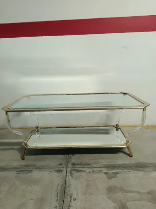 Mesa centro cristal, espejo y metal dorado