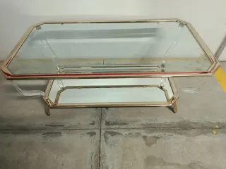 Mesa centro cristal, espejo y metal dorado