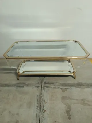 Mesa centro cristal, espejo y metal dorado
