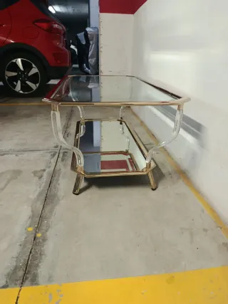 Mesa centro cristal, espejo y metal dorado