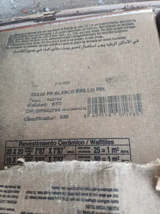 Azulejo Cerámico Blanco Brillo 20x20. 20 cajas