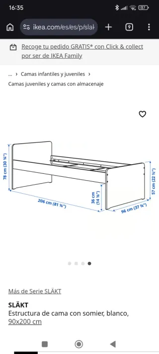 Cama IKEA SLAKT con somier y dos baldas para pared
