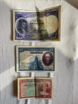 Billetes antiguos España: 100, 25 y 10 Pesetas